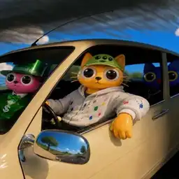Animated: three of them driving down a country road, Cets at the wheel